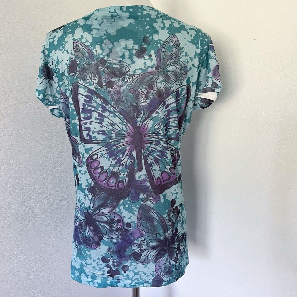 Y2K Sheer Butterfly Short Sleeve T-Shirt Womens Large V-Neck Burnout Colorful L - Picture 10 of 16